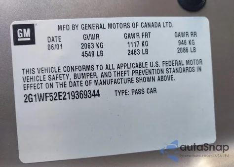 2001 Chevrolet Impala из США, поврежденный, VIN 2G1WF52E219369344